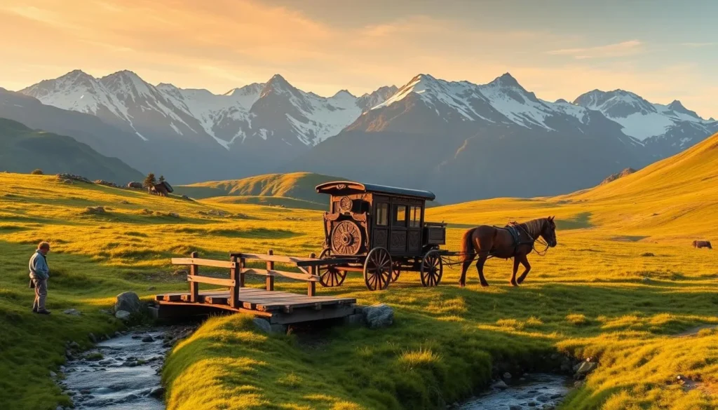A picturesque landscape of Jotunheimen National Park, showcasing the park's renowned transportation options. In the foreground, a well-maintained hiking trail winds through lush, verdant meadows, with a traditional Norwegian wooden bridge crossing a gently flowing stream. In the middle ground, a quaint horse-drawn carriage, adorned with intricate carvings, leisurely traverses the pastoral scene, reflecting the region's timeless charm. In the background, the majestic, snow-capped peaks of the Jotunheimen mountains rise majestically, their jagged silhouettes casting long shadows across the idyllic valley. The warm, golden hues of the afternoon sun illuminate the entire scene, creating a serene and tranquil atmosphere that invites the viewer to immerse themselves in the park's natural splendor.