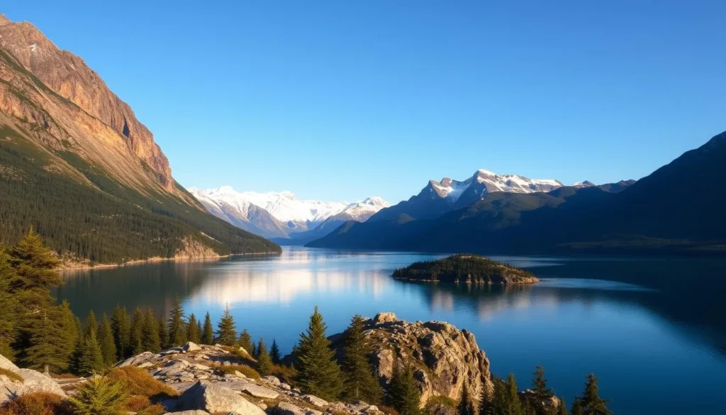 A picturesque landscape of Lake Jolstravatnet in Norway, nestled amidst towering mountains. In the foreground, the serene blue waters reflect the surrounding peaks and lush evergreen forests. In the middle ground, rugged cliffs and rocky outcroppings add depth and texture to the scene. The background is dominated by snow-capped mountains, their majestic silhouettes contrasting against a clear, azure sky. The natural lighting casts a warm, golden glow over the entire landscape, creating a tranquil and enchanting atmosphere. Capture the essence of this breathtaking natural wonder with a wide-angle lens to showcase the grandeur of the location.