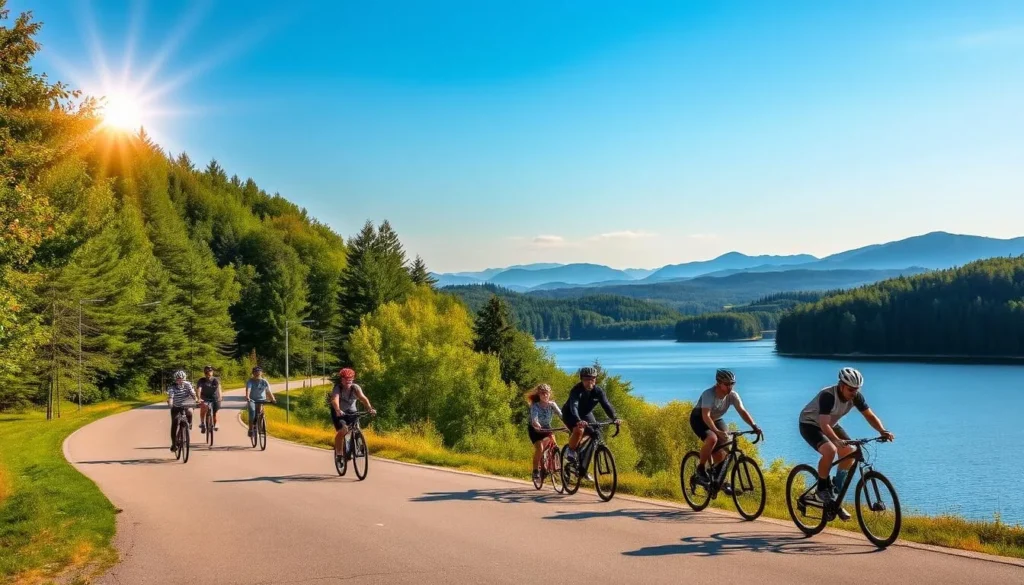 A picturesque landscape of Lake Milada, Czechia, with cyclists leisurely riding along the well-paved path that winds its way around the serene body of water. The sun casts a warm, golden glow over the scene, highlighting the vibrant greens of the lush forests lining the shore. In the foreground, a group of cyclists of various ages and skill levels enjoy the scenic route, their bicycles a blend of modern and vintage designs. The middle ground features the calm, reflective surface of the lake, with the distant hills and mountains creating a stunning backdrop. The overall atmosphere is one of tranquility and outdoor recreation, inviting viewers to imagine themselves immersed in the picturesque setting.