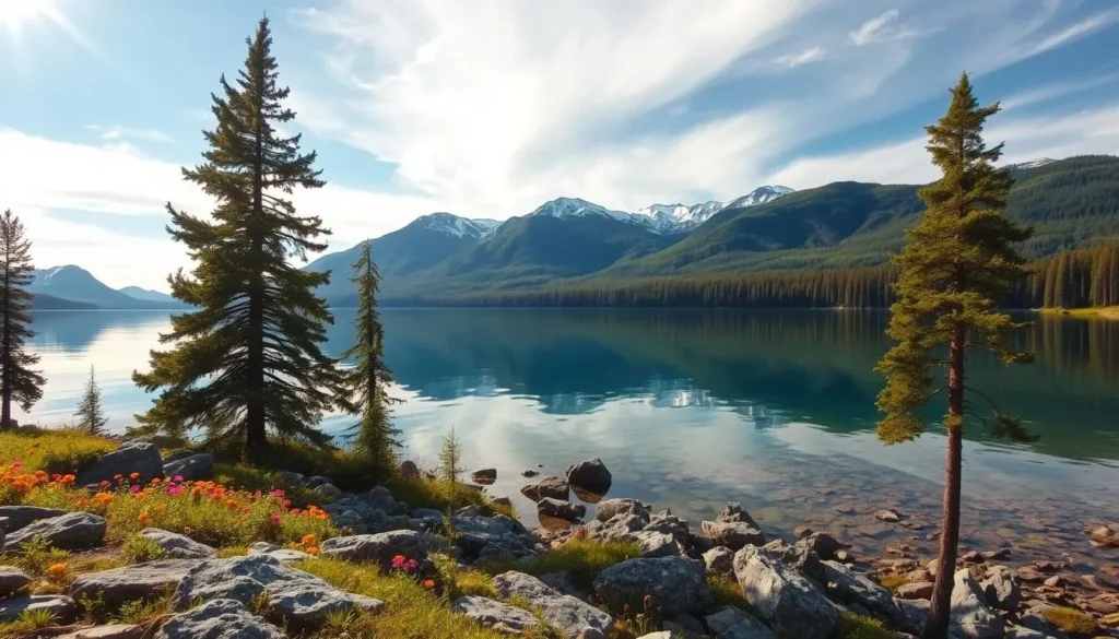 A picturesque landscape of Lake Ovrekjala, Sweden. A serene expanse of crystal-clear waters reflecting the surrounding verdant forests and snow-capped mountains in the distance. Sunlight filters through the wispy clouds, casting a warm, golden glow over the scene. In the foreground, a rocky shoreline dotted with vibrant wildflowers leads the eye towards the tranquil lake. Tall, majestic pines line the banks, their branches swaying gently in the soft breeze. The overall atmosphere evokes a sense of peace, natural wonder, and the beauty of the untamed Swedish wilderness.