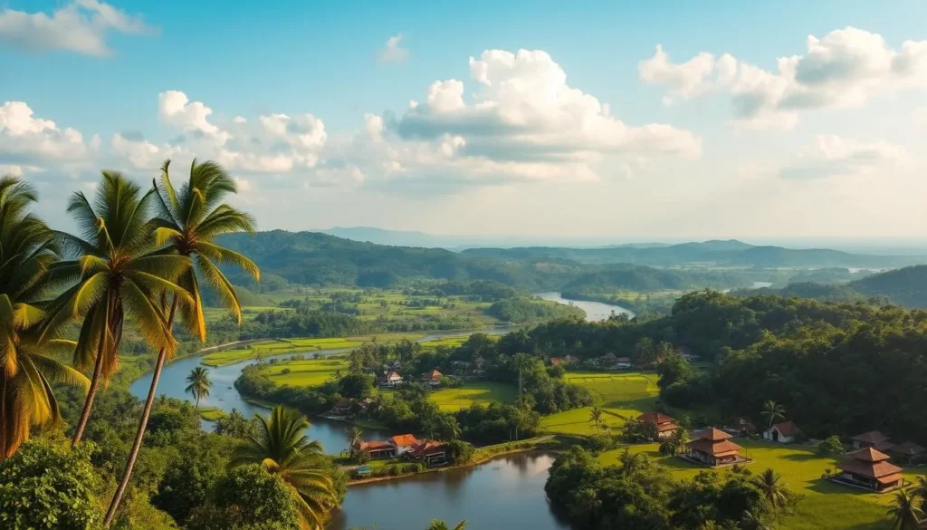 A picturesque landscape of Malappuram region, Kerala, captured on a bright, sunny day. Lush, verdant hills and valleys unfold, dotted with quaint villages and winding rivers. In the foreground, a tranquil waterway reflects the azure sky and fluffy white clouds above. Towering palm trees sway gently in the soft breeze, adding to the serene ambiance. The middle ground features vibrant green paddy fields, interspersed with clusters of traditional Kerala-style homes with terracotta-tiled roofs. In the distance, the rolling hills fade into a hazy blue horizon, creating a sense of depth and natural beauty. The lighting is warm and golden, casting a romantic glow over the entire scene.