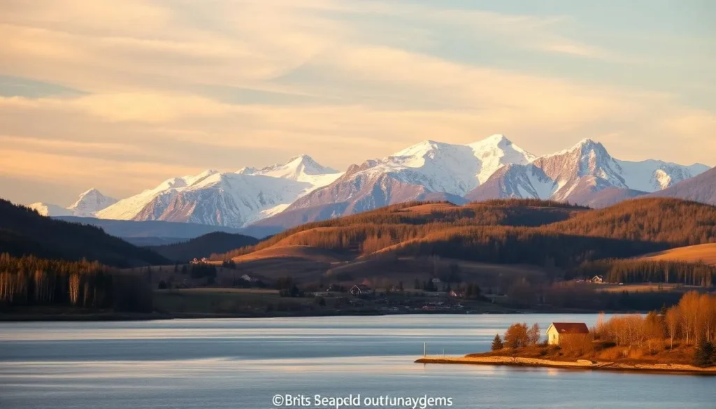 A picturesque landscape of Nordland County, Norway, bathed in the soft, golden light of a late afternoon sun. In the foreground, a serene fjord reflects the towering, snow-capped mountains that rise majestically in the distance. Rolling hills dotted with traditional red-roofed cottages and clusters of birch trees fill the middle ground, creating a harmonious blend of natural and human elements. The sky is a canvas of wispy, pastel-hued clouds, adding a sense of tranquility and wonder to the scene. This breathtaking vista perfectly captures the essence of Nordland County's natural beauty and enchanting charm.