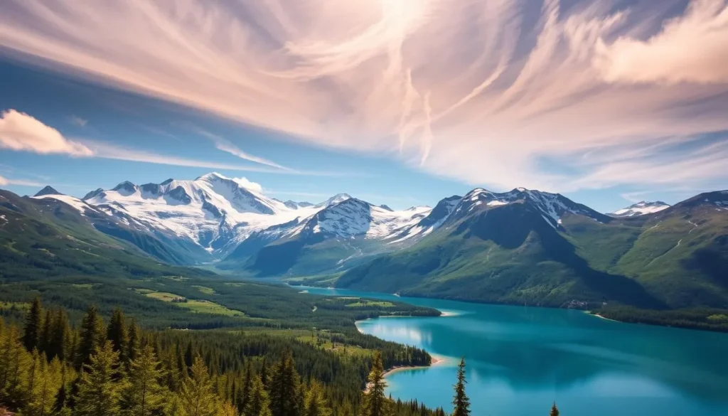 A picturesque landscape of Pieljekaise National Park, Sweden. The towering snow-capped peaks of the Pieljekaise Mountains dominate the middle ground, their jagged silhouettes casting long shadows across the lush, verdant valleys below. In the foreground, a pristine glacial lake reflects the azure sky and the surrounding alpine flora, creating a serene and tranquil atmosphere. Diffused sunlight filters through wispy clouds, casting a warm, golden glow over the entire scene. The image conveys a sense of untouched, unspoiled natural beauty, inviting the viewer to explore and discover the wonders of this untamed wilderness.