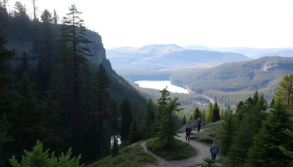 A picturesque landscape of Repovesi National Park unfolds before the viewer. In the foreground, a serene lake reflects the surrounding towering pine trees and rugged cliffs. Sunlight filters through the canopy, casting a warm glow over the tranquil scene. In the middle ground, hikers traverse a winding trail, taking in the breathtaking vistas. The background features rolling hills blanketed in lush, verdant foliage, with the occasional rocky outcrop punctuating the horizon. The overall atmosphere is one of peaceful serenity, inviting the viewer to immerse themselves in the natural beauty of this Finnish wilderness.