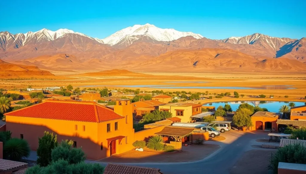 A picturesque landscape of San Pedro de Atacama, nestled amidst the striking Andes mountains. A serene desert oasis, bathed in warm, golden sunlight that casts long shadows across the ochre-colored buildings and dusty streets. In the foreground, a traditional adobe-style structure with a red-tiled roof stands proudly, surrounded by lush greenery and a thriving marketplace. In the middle ground, towering snow-capped peaks rise majestically, their jagged silhouettes reflected in the calm waters of a nearby lagoon. The overall scene exudes a sense of tranquility and timelessness, inviting the viewer to imagine the rich cultural heritage and outdoor adventures that await in this captivating Chilean destination.