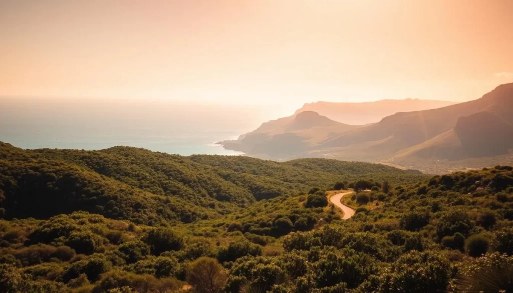 A picturesque landscape of Santa Teresa National Park, Uruguay, on a sunny day. In the foreground, rolling hills covered in lush, verdant vegetation. In the middle ground, a winding trail leading through the park, inviting visitors to explore. In the background, the rugged coastline and azure waters of the Atlantic Ocean, framed by majestic cliffs. Warm, diffused lighting casts a golden glow over the scene, creating a serene and inviting atmosphere. Capture the essence of this natural wonder, highlighting its diverse terrain and captivating beauty.