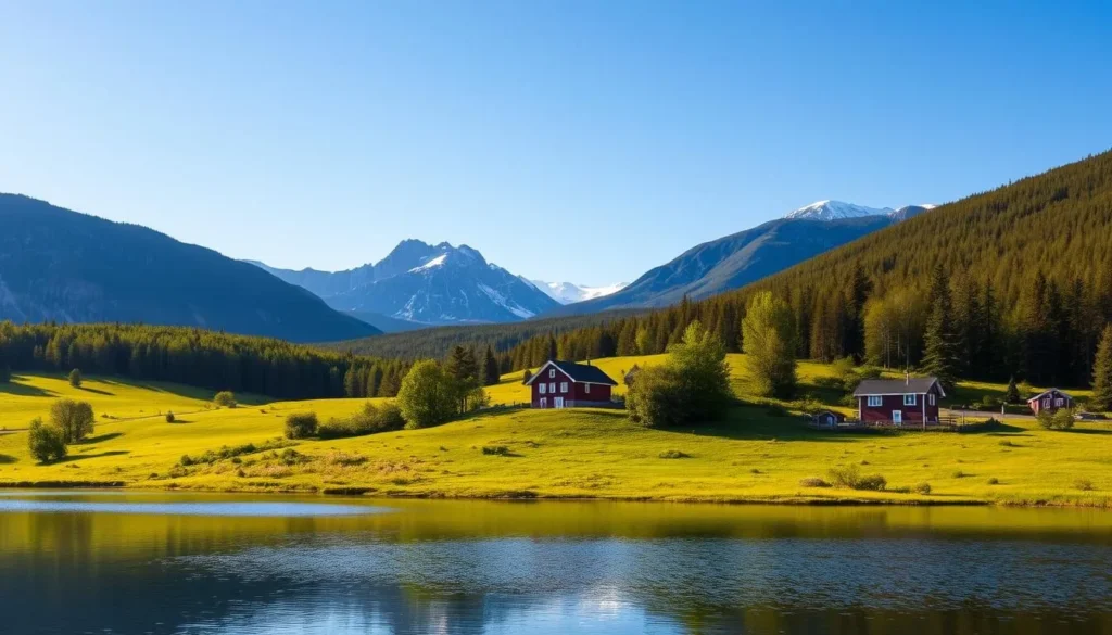 A picturesque landscape of Södermanland County, Sweden, bathed in warm, golden sunlight. In the foreground, a serene lake reflects the surrounding lush, rolling hills and dense, verdant forests. Clusters of vibrant wildflowers dot the gently sloping meadows. In the middle ground, traditional Swedish red-painted cottages with white trim nestle amidst the verdant foliage, exuding a charming, rustic character. The background is dominated by the majestic silhouettes of ancient, snow-capped mountains, their peaks piercing the azure sky. The scene emanates a sense of tranquility, timelessness, and the idyllic beauty of the Swedish countryside.