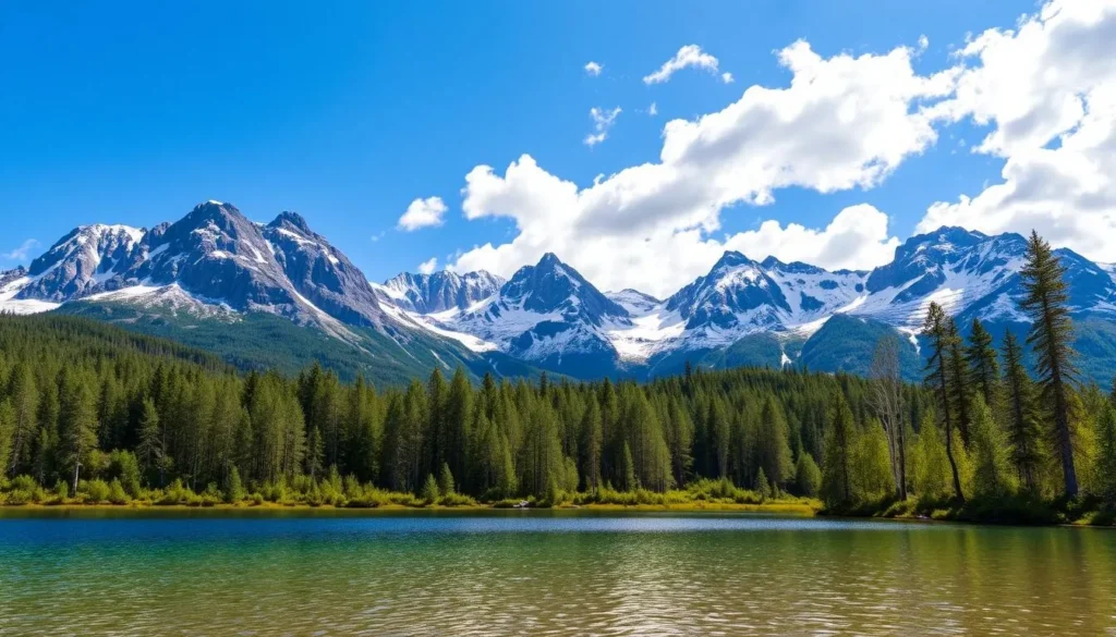 A picturesque landscape of Sondre Nordland National Park in Norway, captured on a sunny day. In the foreground, a crystal-clear lake reflects the rugged mountains in the distance, their peaks dusted with a light layer of snow. The middle ground features a lush, verdant forest, with tall, slender birch trees swaying gently in the breeze. In the background, towering, snow-capped peaks rise majestically, their jagged silhouettes framed by a brilliant blue sky dotted with fluffy white clouds. The scene exudes a sense of tranquility and natural beauty, inviting visitors to immerse themselves in the serene wilderness.