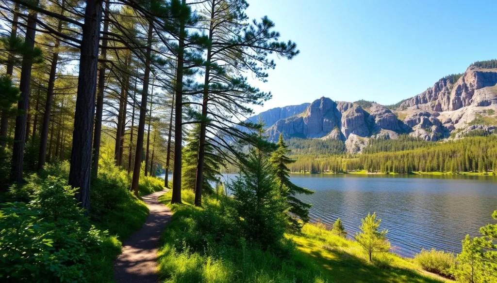 A picturesque landscape of Tiveden National Park, Sweden. The foreground showcases a serene forest path winding through lush, verdant foliage. Tall, ancient pine trees tower overhead, their branches casting dappled sunlight across the scene. In the middle ground, a tranquil lake reflects the surrounding natural beauty, its glassy surface rippling gently. The background features rugged, rocky cliffs rising up, creating a dramatic and awe-inspiring backdrop. The overall scene exudes a sense of tranquility, inviting the viewer to immerse themselves in the unspoiled natural splendor of this Swedish wilderness. Captured on a warm, sunny day with a wide-angle lens to accentuate the grandeur of the landscape.