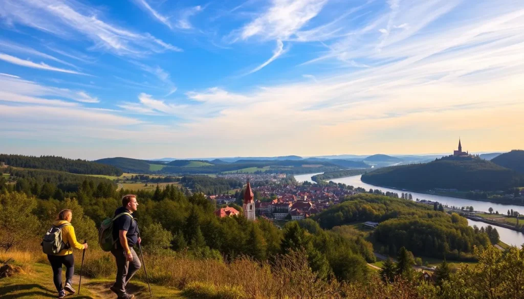 A picturesque landscape of rolling hills, lush forests, and winding rivers surrounding the historic town of Brandys nad Labem-Stara Boleslav. In the foreground, a group of hikers exploring a scenic trail, their backpacks and hiking gear visible. The middle ground features a traditional Czech village with charming red-roofed houses and a medieval church steeple peeking out from the trees. In the distance, the Labe River meanders through the countryside, its banks dotted with quaint riverside cafes and fishing spots. The sky is a brilliant blue, with wispy clouds drifting overhead, creating a warm, golden light that bathes the entire scene. The overall mood is one of tranquility, adventure, and the natural beauty that surrounds this enchanting Czech town.