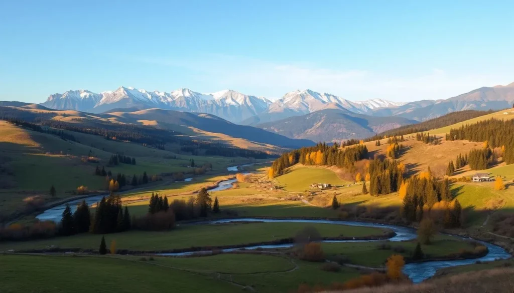 A picturesque landscape of rolling hills, lush meadows, and winding streams. In the foreground, a tranquil river cuts through the verdant terrain, its gentle waters reflecting the azure sky above. Towering mountains rise in the distance, their snow-capped peaks catching the warm sunlight. Scattered among the landscape, ancient forests of towering evergreens and vibrant deciduous trees sway in a gentle breeze. The scene is bathed in a soft, golden glow, creating an inviting and serene atmosphere. The overall composition exudes a sense of natural harmony and beauty, perfect for a day trip from the nearby town of Caslav.
