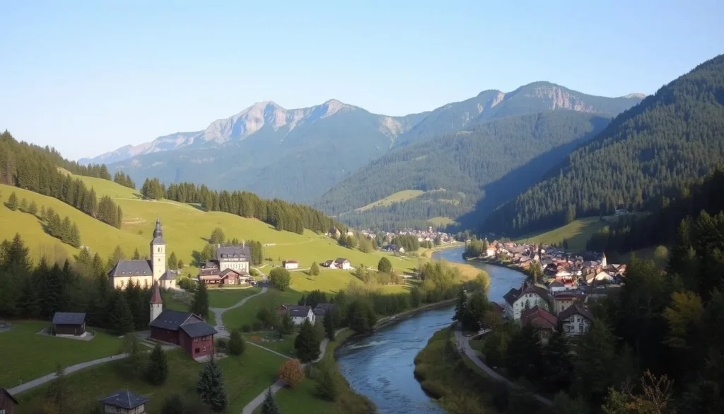 A picturesque landscape of the Czech Republic's Bile Karpaty (White Carpathians) region, captured on a pleasant day. In the foreground, a quaint village nestled amongst lush, rolling hills, with traditional houses and churches peppering the scene. The middle ground features a winding river, its waters glistening in the soft, natural lighting. Towering, forested peaks rise majestically in the background, creating a serene and awe-inspiring backdrop. The overall atmosphere conveys a sense of tranquility and rustic charm, inviting the viewer to explore the charming towns and natural wonders of this captivating corner of Czechia.