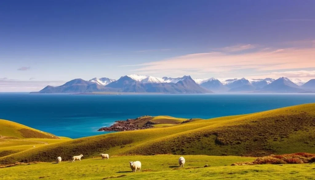 A picturesque landscape of the Falkland Islands on a clear, sunny day. In the foreground, rolling green hills dotted with sheep grazing peacefully. In the middle ground, a scenic cove with a gentle, rocky shoreline, the waters a deep, azure blue. In the background, a dramatic range of rugged, snow-capped peaks rising majestically against a brilliant, cloudless sky. The scene is bathed in warm, golden sunlight, creating a serene and tranquil atmosphere. Capture the unique beauty and tranquility of the Falkland Islands' climate in this realistic, detailed landscape.