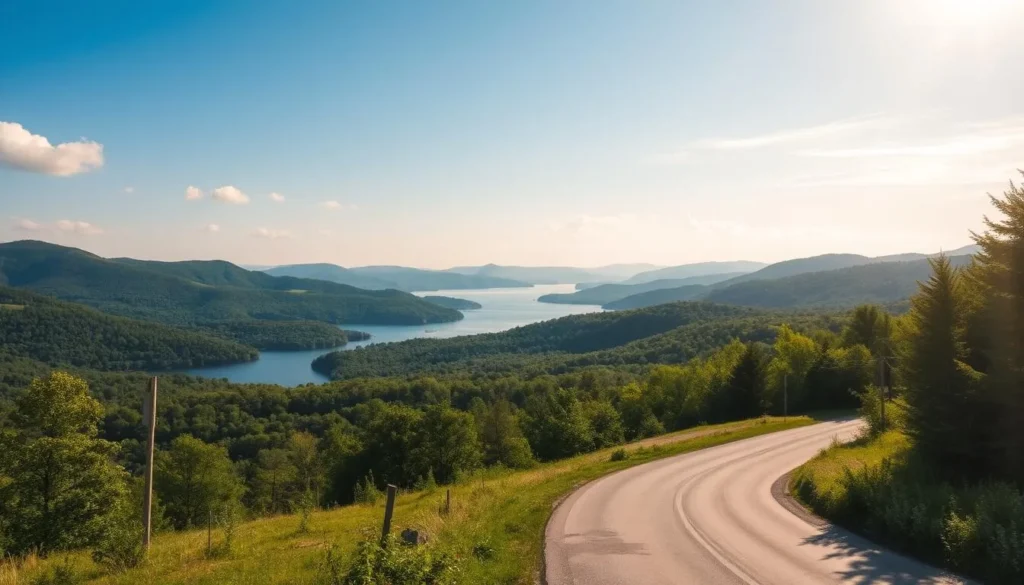 A picturesque landscape of the Finger Lakes region in upstate New York, captured on a bright, sunny day. Rolling hills and lush forests frame a serene lake, its waters glistening in the warm sunlight. In the foreground, a winding road leads the viewer into the scene, inviting exploration. Soft, wispy clouds dot the sky, adding depth and dimension to the image. The lighting is natural and evocative, casting gentle shadows and highlights that enhance the natural beauty of the location. The perspective is slightly elevated, allowing for a panoramic view that showcases the region's diverse and captivating geography.