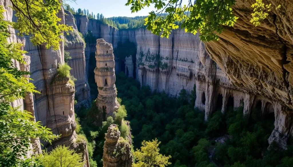 A picturesque landscape of the Moravian Karst, a stunning natural wonder in the South Moravian region of Czechia. Capture the dramatic limestone formations carved by millennia of erosion, towering cliffs and deep chasms. Depict a sun-dappled scene, with lush green foliage framing the rugged karst topography. Showcase the region's famous cave systems, with their intricate stalactites and stalagmites illuminated by soft, diffused lighting. Convey a sense of tranquility and wonder, inviting the viewer to explore this captivating natural landscape. Employ a wide-angle lens to encompass the grandeur of the Moravian Karst, showcasing its scale and geological complexity.
