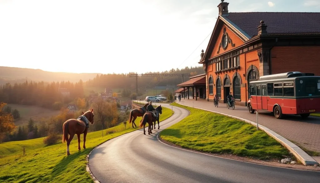 A picturesque landscape of the South Bohemian countryside, with rolling hills, lush forests, and a quaint village nestled in the distance. In the foreground, a well-maintained country road winds through the scene, flanked by charming horse-drawn carriages and electric-powered buses transporting locals and visitors alike. The mid-ground features a historic train station, its brick facade and ornate details capturing the region's rich cultural heritage. In the background, the sky is filled with soft, golden light, creating a warm and inviting atmosphere. The scene is captured through a wide-angle lens, showcasing the diverse modes of transportation that characterize the South Bohemian region.