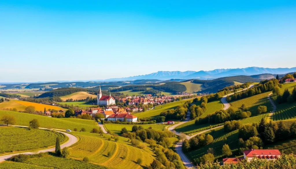 A picturesque landscape of the South Moravian region, Czechia, on a bright and sunny day. In the foreground, rolling hills covered in lush vineyards and orchards, with winding roads leading through quaint villages. The middle ground features a charming town with historic architecture, its red-tiled roofs and church spires standing out against the azure sky. In the background, the distant Moravian Karst mountains rise up, their rugged peaks casting long shadows over the serene countryside. The scene is bathed in warm, golden light, creating a sense of tranquility and inviting the viewer to explore the region's natural and cultural treasures.