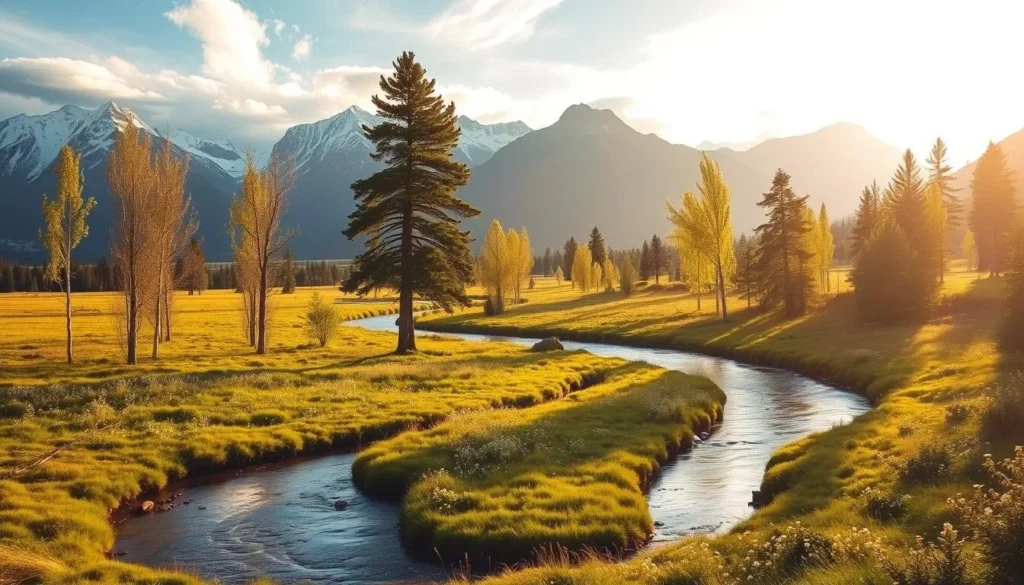 A picturesque landscape of the Tarfala Valley in northern Sweden. A serene scene with snow-capped peaks in the distant background, their rugged slopes framed by wispy clouds. In the mid-ground, a winding river meanders through a lush, verdant meadow dotted with wildflowers. Birch and pine trees line the riverbanks, their delicate leaves rustling gently in the soft breeze. The warm, golden light of an afternoon sun bathes the entire scene, casting long shadows and creating a sense of tranquility and timelessness. This is a place of natural wonder and quiet contemplation, inviting the viewer to step into its enchanting embrace.