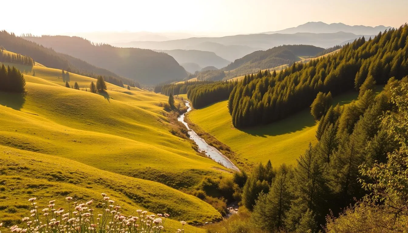A picturesque landscape of the White Carpathians in Czechia, bathed in warm, golden sunlight. Rolling green hills dotted with wildflowers gently slope into a serene valley, with a winding stream meandering through the center. Lush, deciduous forests frame the scene, their leaves rustling in a gentle breeze. In the distance, the silhouettes of distant peaks rise up, their caps dusted with a light layer of snow. The overall atmosphere is one of tranquility and natural beauty, inviting the viewer to immerse themselves in the serene charm of this enchanting region.