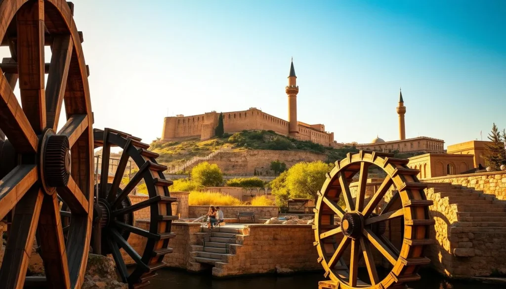 A picturesque landscape of the historical landmarks in Hamah, Syria, bathed in warm, golden sunlight. In the foreground, the iconic Norias of Hamah, massive wooden waterwheels that have been in use for centuries, stand majestically against a clear, blue sky. In the middle ground, the ancient Citadel of Hamah, a towering fortress perched atop a hill, dominates the skyline. In the background, the minaret of the Azem Palace, a stunning example of Mamluk architecture, rises gracefully. The scene is imbued with a sense of timeless wonder and cultural heritage, inviting the viewer to explore the rich history of this captivating city.