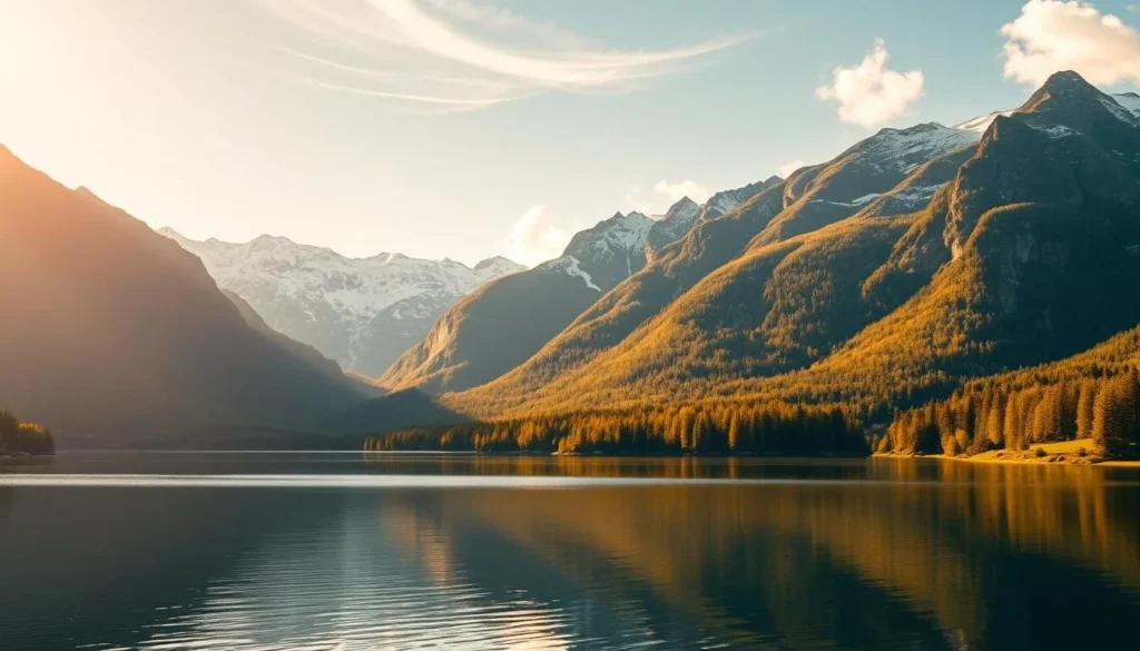 A picturesque landscape of the majestic Lake Storsjo, nestled amidst the towering mountains of Sweden. In the foreground, the serene waters of the lake reflect the surrounding peaks, creating a mirror-like surface. The middle ground features lush, verdant forests cascading down the mountainsides, their vibrant hues contrasting with the snow-capped summits in the background. Warm, golden sunlight bathes the scene, casting a glowing, ethereal atmosphere. Wispy clouds drift lazily across the sky, adding depth and dimension to the tranquil, natural beauty of this idyllic location. Capture the essence of the "Discovering the Natural Beauty of Lake Storsjo" section with this stunning, photorealistic landscape.