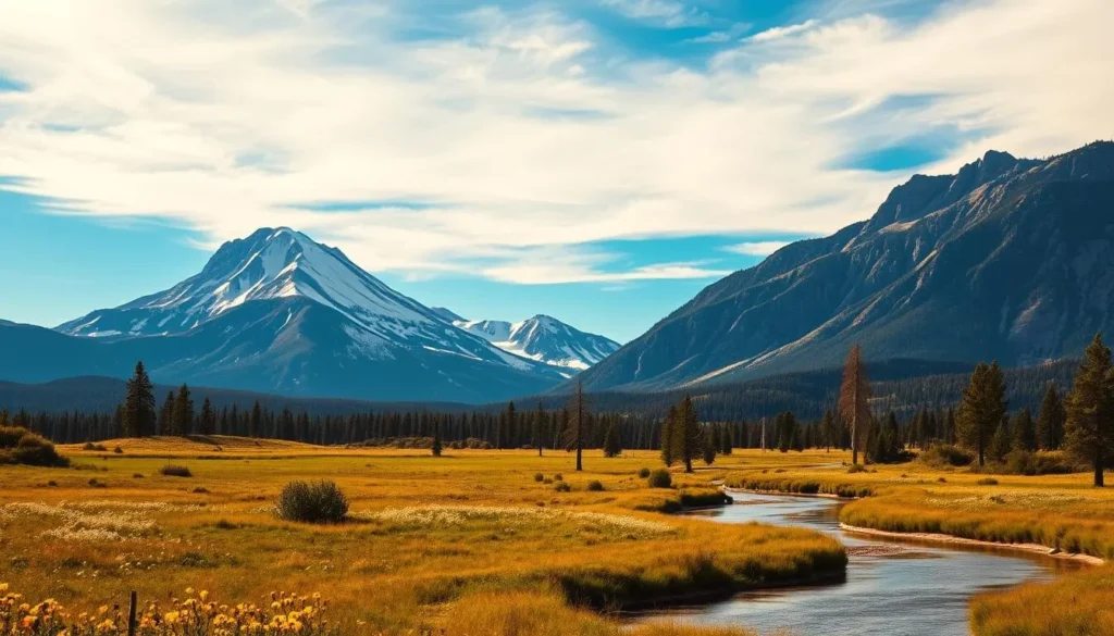 A picturesque landscape of the majestic San Francisco Peaks, nestled in the heart of Flagstaff, Arizona. The towering volcanic mountains, dusted with a light layer of snow, rise majestically against a vibrant azure sky. In the foreground, a lush meadow is dotted with wildflowers, while a gently winding river reflects the surrounding scenery. The warm, golden light filters through the scene, creating a serene and inviting atmosphere. Capture the essence of this beautiful natural wonder, perfect for showcasing the local cuisine and dining experiences in Flagstaff.