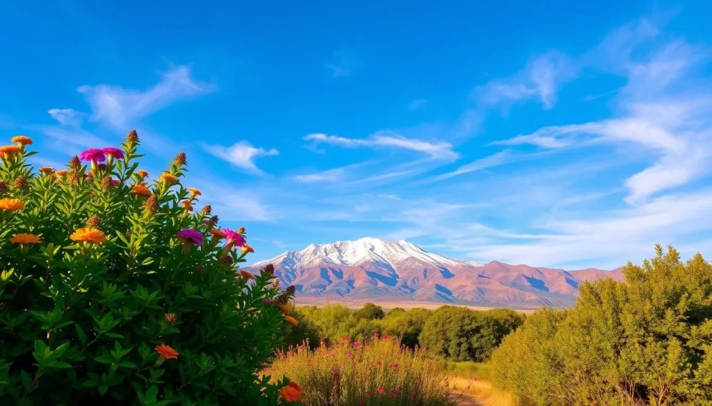 A picturesque landscape showcasing Chile's diverse seasonal beauty. A sun-dappled foreground featuring lush, vibrant foliage and blooming flowers, leading the eye towards a majestic mountain range in the middle distance, its snow-capped peaks glistening in the warm, golden light. A clear, azure sky with wispy clouds overhead, creating a serene, tranquil atmosphere. The scene evokes a sense of calm and invites the viewer to explore the country's natural wonders during the ideal weather conditions.