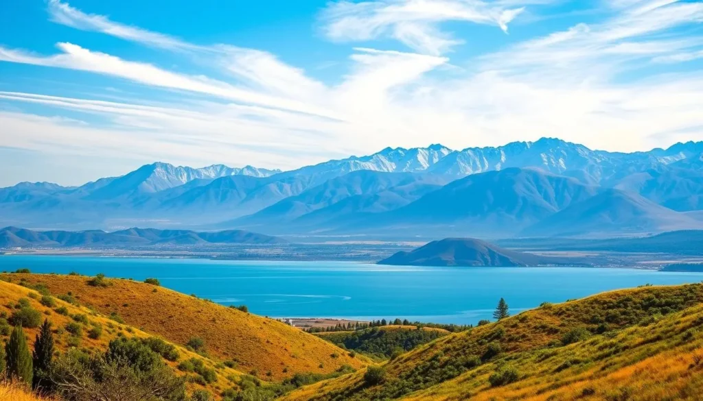 A picturesque landscape showcasing Israel's diverse climate patterns. In the foreground, rolling hills covered in lush, verdant vegetation bask in the warm, golden sunlight. The middle ground features a tranquil lake, its still waters reflecting the clear, azure sky above. In the distance, rugged, snow-capped mountains rise majestically, their peaks piercing the wispy, cirrus clouds. The scene is bathed in a soft, diffused lighting, creating a serene, postcard-worthy atmosphere that captures the essence of Israel's varied, yet harmonious, climatic regions.