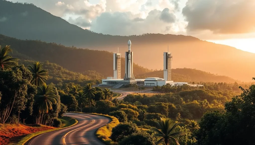 A picturesque landscape showcasing the Guiana Space Centre, nestled amidst the lush, verdant foliage of the French Guiana rainforest. The towering launch pads and sleek, modern facilities stand in stark contrast to the natural surroundings, creating a harmonious blend of technology and nature. Warm, diffused sunlight bathes the scene, casting gentle shadows and highlighting the center's architectural details. In the foreground, a winding road leads towards the entrance, inviting visitors to explore this hub of space exploration. The overall atmosphere conveys a sense of awe, innovation, and the boundless potential of humankind's quest to reach the stars.