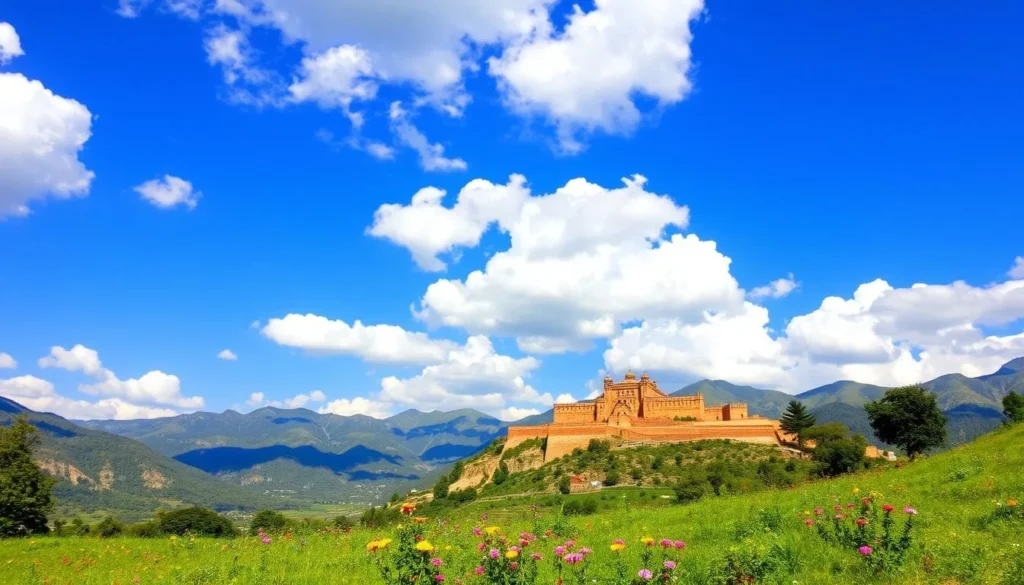 A picturesque landscape showcasing the best time to visit Rampur, Uttar Pradesh. A sunny, warm day with a clear blue sky dotted with fluffy white clouds. In the foreground, lush green meadows are adorned with vibrant wildflowers. In the middle ground, the majestic Rampur Fort stands tall, its regal architecture bathed in golden sunlight. Behind it, the rolling Himalayan foothills stretch out, their rugged peaks creating a dramatic backdrop. The scene evokes a sense of tranquility and timeless beauty, capturing the ideal conditions to explore Rampur and its rich cultural heritage.