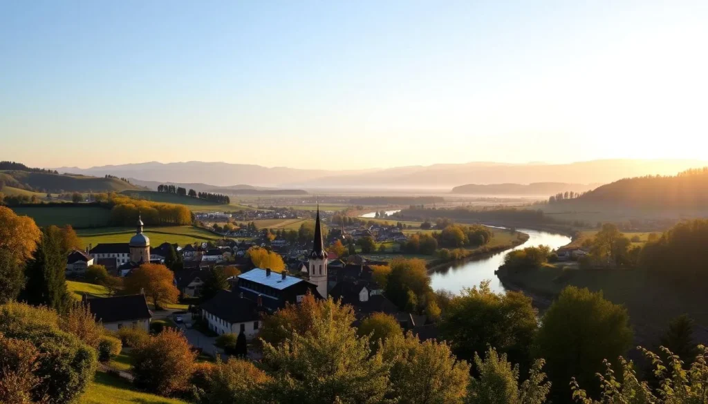 A picturesque landscape showcasing the captivating charm of the Pardubice Region in Czechia. In the foreground, a quaint village nestled among rolling hills, with traditional Czech architecture and vibrant gardens. The middle ground features a winding river or stream, its calm waters reflecting the surrounding natural beauty. In the distance, the silhouettes of majestic mountains rise, their peaks bathed in soft, golden light. The scene is illuminated by a warm, ambient glow, creating a serene and inviting atmosphere. Capture the essence of this enchanting region, where history, culture, and natural splendor converge to enchant the senses.