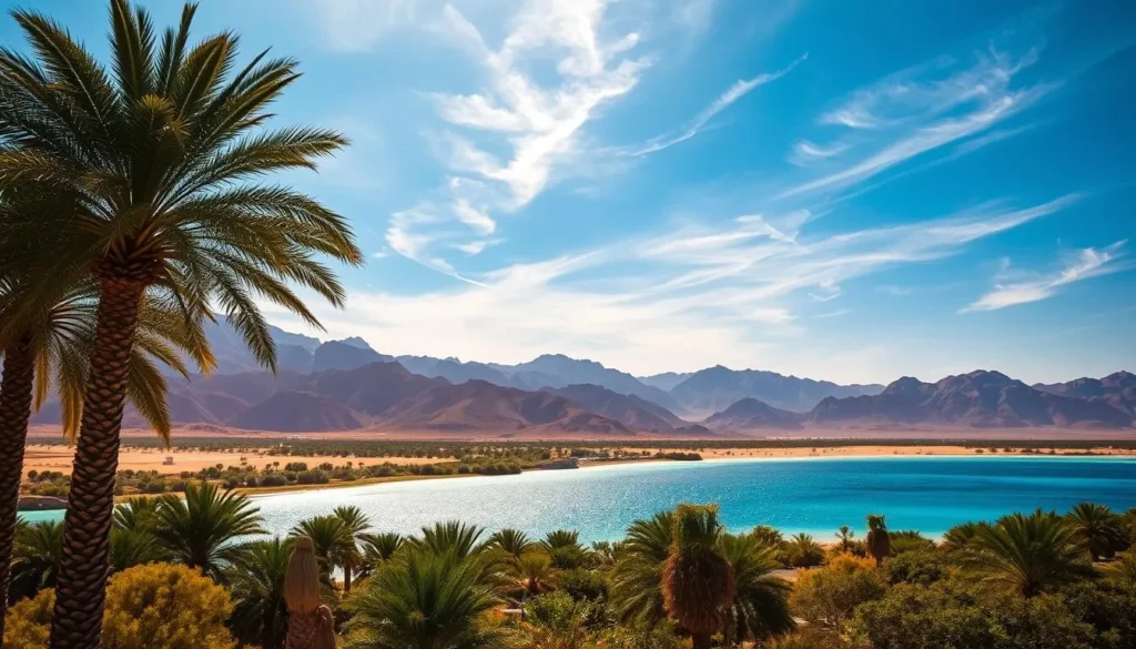 A picturesque landscape showcasing the diverse climate of Oman. In the foreground, a lush oasis with towering palm trees and a shimmering pool of crystal-clear water, reflecting the bright, warm sunlight. In the middle ground, rugged, ochre-hued mountains rise majestically, their peaks casting long shadows across the desert terrain. The background features a vast, azure sky with wispy cirrus clouds, creating a serene and tranquil atmosphere. The lighting is soft and diffused, capturing the essence of a perfect day in Oman. Capture this scene with a wide-angle lens to encompass the grandeur of the landscape.