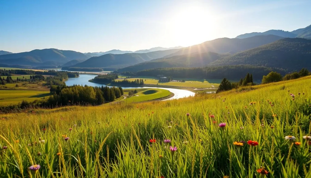 A picturesque landscape showcasing the natural beauty of the Plzen Region in Czechia. In the foreground, lush green meadows dotted with vibrant wildflowers sway gently in the breeze. The middle ground features a serene, winding river reflecting the clear blue sky above. In the distance, rolling hills and densely forested mountains rise up, their peaks kissed by the warm, golden light of the afternoon sun. The scene is bathed in a soft, diffused lighting that casts long, cinematic shadows, creating a sense of depth and tranquility. Capture this idyllic, peaceful moment in a high-resolution, photorealistic image.
