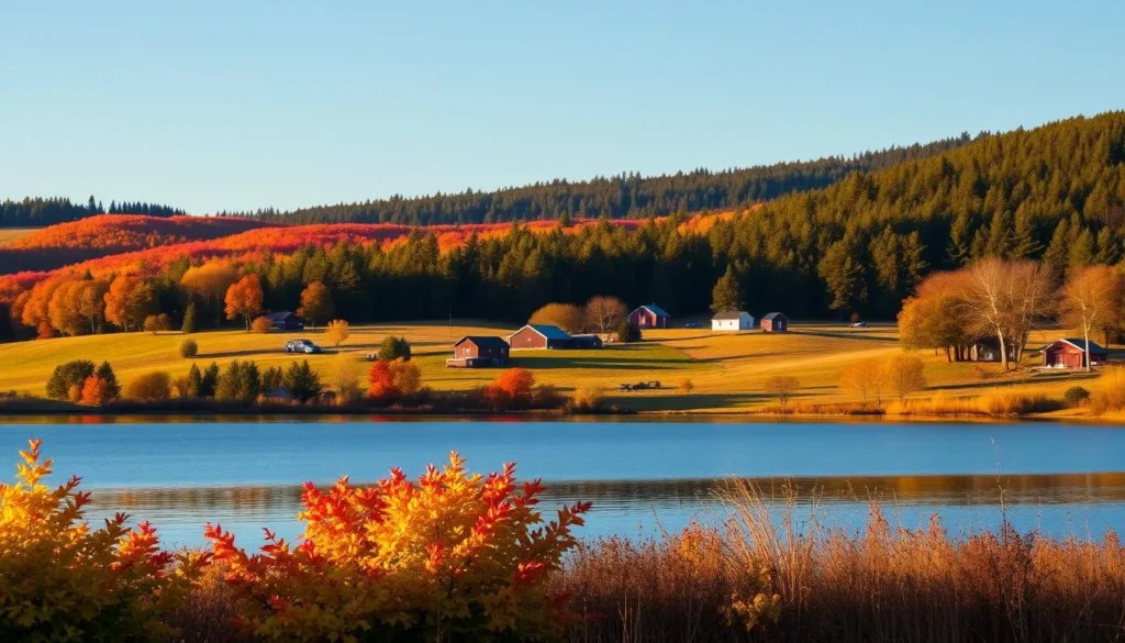 A picturesque landscape showcasing the seasonal highlights of Blekinge County, Sweden. In the foreground, a serene lake reflects the vibrant autumn foliage on its shores, while in the middle ground, rolling hills dotted with quaint farmhouses and barns paint a pastoral scene. The background features a majestic pine forest, its towering trees casting dramatic shadows across the scene. The lighting is warm and golden, creating a cozy, inviting atmosphere. Captured with a wide-angle lens to emphasize the panoramic scale of the natural beauty. An idyllic representation of the best time to visit Blekinge, highlighting its stunning seasonal transformations.