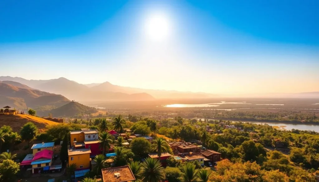 A picturesque landscape showcasing the splendor of day trips from Surat, Gujarat. In the foreground, a charming village with vibrant hues, bustling with local life. Towering mountains in the middle ground, their peaks kissed by the warm sun's rays, creating a serene and tranquil atmosphere. In the background, a shimmering lake reflecting the azure sky, surrounded by lush greenery. The scene is bathed in a golden glow, evoking a sense of peaceful contemplation. Capture the essence of this scenic destination, where nature's beauty and cultural richness intertwine, inviting the viewer to embark on an unforgettable day trip from Surat.