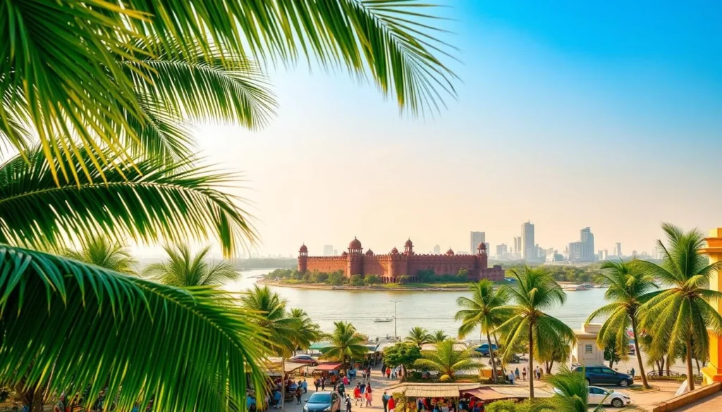 A picturesque landscape showcasing the vibrant city of Surat, Gujarat on a beautiful day. In the foreground, lush green palm trees sway gently in the warm breeze, framing a bustling street filled with colorful local markets and shops. In the middle ground, the magnificent Surat Fort stands tall, its intricate architecture and imposing walls reflecting the city's rich history. Beyond, the shimmering waters of the Tapti River flow peacefully, with the city's modern skyline rising in the distance, bathed in the soft, golden light of the sun. The scene radiates a sense of tranquility and vitality, capturing the essence of the best time to visit Surat.