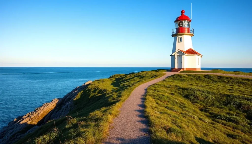 A picturesque lighthouse standing tall on the rocky cliffs of Vinga Island, its white tower and red roof contrasting beautifully against the clear blue sky. The surrounding landscape is lush and verdant, with a path leading visitors towards the lighthouse's entrance. Warm sunlight bathes the scene, casting gentle shadows and highlighting the intricate details of the structure. The tranquil waters of the Baltic Sea stretch out in the distance, creating a serene and peaceful atmosphere. This image captures the essence of Vinga Island's natural beauty and the iconic landmark that has guided sailors for generations.