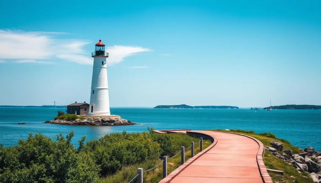 A picturesque lighthouse stands tall against a serene backdrop of azure skies and shimmering waters. Its sturdy, white-washed tower rises majestically, its beacon casting a warm glow across the tranquil Thousand Islands landscape. The foreground features a well-maintained pathway leading up to the lighthouse, inviting visitors to explore its rich history and commanding presence. In the middle ground, lush greenery and rocky shoreline create a natural setting, while the distant horizon is dotted with small islands and boats, adding to the peaceful, maritime atmosphere. Captured in a crisp, realistic style with a focus on intricate architectural details and natural lighting, this image perfectly captures the historic charm and picturesque beauty of the Thousand Islands' iconic lighthouses. A picturesque lighthouse stands tall against a serene backdrop of azure skies and shimmering waters. Its sturdy, white-washed tower rises majestically, its beacon casting a warm glow across the tranquil Thousand Islands landscape. The foreground features a well-maintained pathway leading up to the lighthouse, inviting visitors to explore its rich history and commanding presence. In the middle ground, lush greenery and rocky shoreline create a natural setting, while the distant horizon is dotted with small islands and boats, adding to the peaceful, maritime atmosphere. Captured in a crisp, realistic style with a focus on intricate architectural details and natural lighting, this image perfectly captures the historic charm and picturesque beauty of the Thousand Islands' iconic lighthouses.