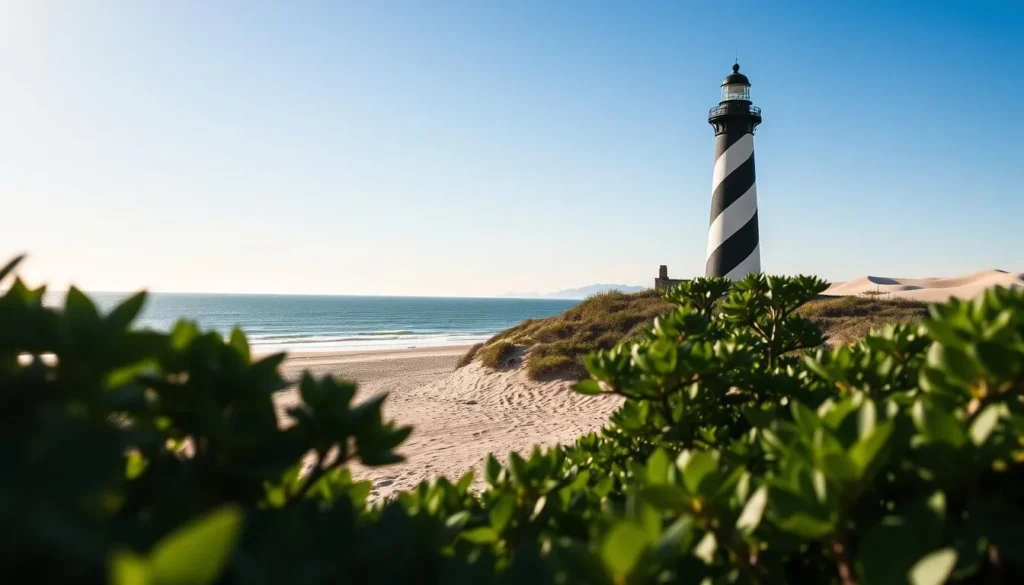 A picturesque lighthouse stands tall against the azure sky, its white and black striped tower casting a warm glow across the serene coastal landscape. In the foreground, lush green foliage frames the scene, leading the eye towards the iconic structure. In the middle ground, a stretch of pristine sandy beach meets the gently lapping waves of the Atlantic Ocean. In the distance, the horizon is dotted with the silhouettes of rolling sand dunes, creating a sense of depth and tranquility. The overall lighting is soft and natural, with the sun's rays illuminating the scene with a golden hue, conveying a mood of calm and serenity. Captured with a wide-angle lens, this image showcases the majestic Cape Hatteras Lighthouse in all its glory, a must-see attraction for visitors to Pea Island, North Carolina.
