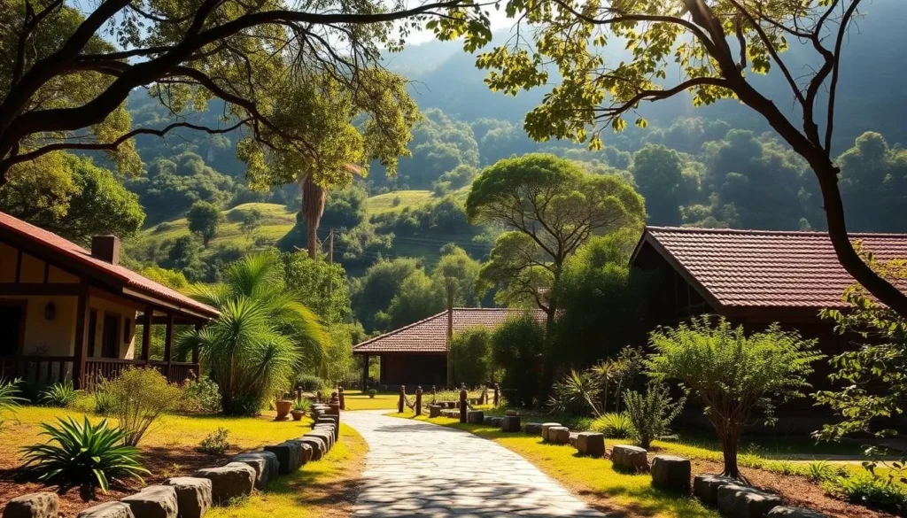 A picturesque lodge nestled in the serene Aparados da Serra National Park, Brazil. Rustic timber-framed buildings with terracotta roofs blend harmoniously with the lush, rolling hills and dense green foliage in the background. Sunlight filters through the canopy, casting a warm, golden glow over the scene. In the foreground, a stone pathway leads to the entrance, inviting visitors to explore the tranquil accommodation amidst the stunning natural surroundings. The overall atmosphere conveys a sense of peaceful seclusion and a connection to the park's pristine wilderness.