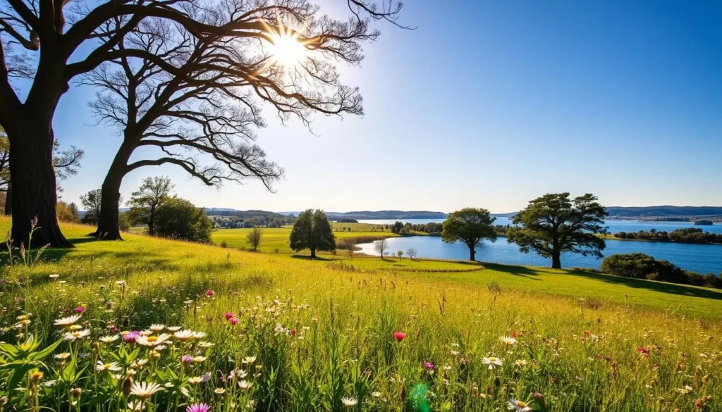 A picturesque meadow in Ängsö National Park, Sweden, on a sun-dappled afternoon. In the foreground, a lush carpet of wildflowers sways gently in a soft breeze. The middle ground reveals a gently rolling landscape dotted with ancient oak trees, their branches casting intricate shadows on the ground. In the distance, a tranquil lake reflects the azure sky, with the silhouettes of distant hills on the horizon. The scene is bathed in warm, golden light, creating a serene and inviting atmosphere, perfectly capturing the historic beauty of Ängsö's storied meadows.