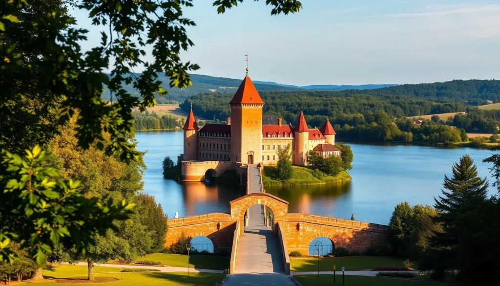 A picturesque medieval castle standing proudly on a small island in the tranquil Lake Galve, the Trakai Castle is a magnificent sight to behold. The sturdy red brick walls and elegant turrets are bathed in warm, golden sunlight, casting intricate shadows across the serene waters. In the foreground, lush green trees and landscaped gardens frame the historic structure, creating a harmonious blend of nature and architecture. The middle ground features the arched stone bridge leading to the castle's main entrance, inviting visitors to explore its rich history and captivating ambiance. The background showcases the rolling hills and verdant forests that surround this enchanting locale, adding to the picturesque and tranquil atmosphere.