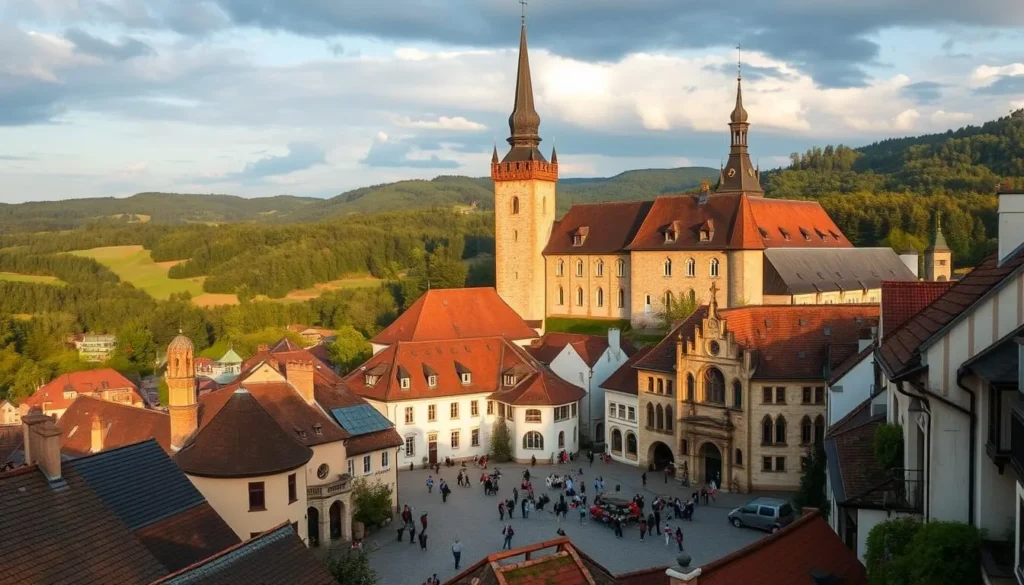 A picturesque medieval town nestled in the hills of Czechia, Nachod showcases its cultural heritage through a tapestry of historic landmarks. In the foreground, the striking 16th-century Nachod Castle towers over the quaint cobblestone streets, its towering spires and ornate facades bathed in warm, golden light. In the middle ground, the charming Old Town Square bustles with locals and visitors alike, gathered around the elaborate Baroque St. Lawrence Church. In the background, rolling green hills and dense forests create a serene, pastoral backdrop, complementing the town's timeless ambiance. The scene conveys a sense of history, tradition, and natural beauty, inviting the viewer to explore Nachod's captivating cultural attractions.