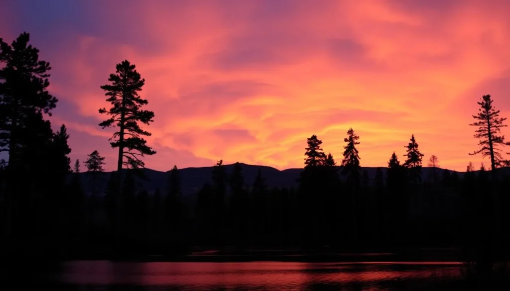 A picturesque midnight sun landscape at Muddus National Park, Sweden. The sky is ablaze with a vibrant orange and pink glow, casting a warm, ethereal light over the serene landscape. In the foreground, a tranquil lake reflects the dramatic sky, its still surface broken only by the occasional ripple. Towering pine trees line the shores, their dark silhouettes reaching up towards the celestial display. In the distance, rolling hills and mountains are bathed in the soft, glowing light, creating a sense of peace and solitude. The overall mood is one of awe and wonder, perfectly capturing the beauty of the midnight sun phenomenon in this enchanting wilderness.