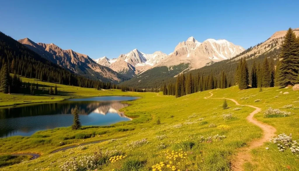 A picturesque mountain landscape in the Sawtooth National Recreation Area, Idaho, on a bright, sunny day. In the foreground, a serene alpine lake reflects the surrounding peaks and forests. In the middle ground, trails wind through lush meadows dotted with wildflowers. In the background, majestic snow-capped mountains rise up, their rugged summits bathed in warm, golden light. The scene conveys a sense of tranquility and natural beauty, inviting the viewer to explore the scenic day trips from the charming town of Stanley.