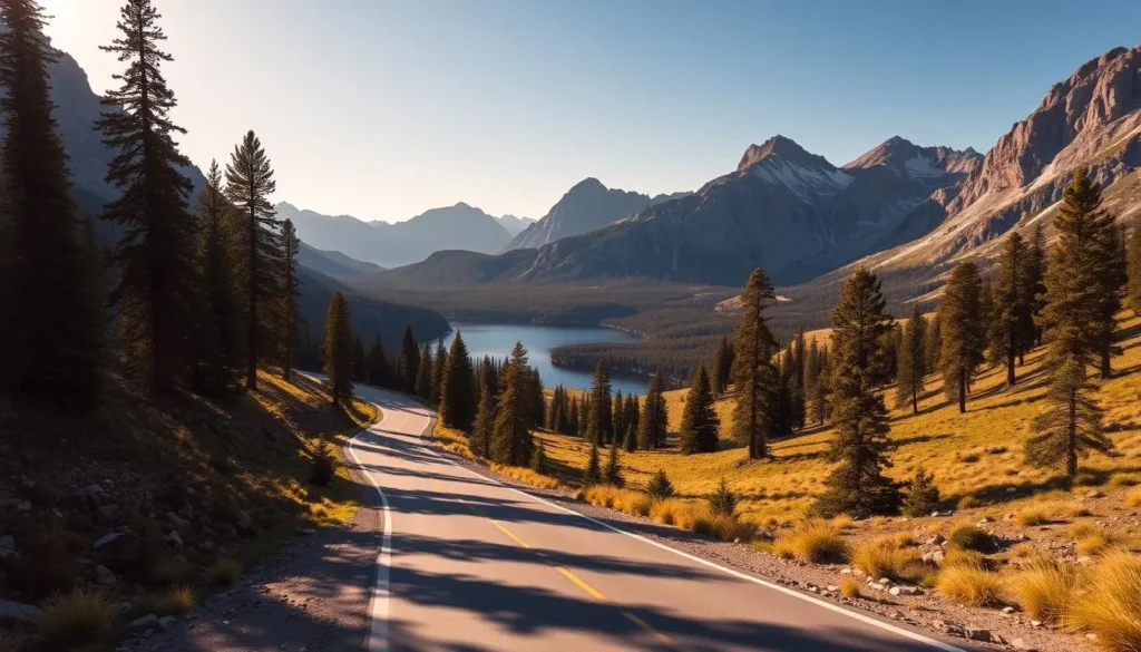 A picturesque mountain road winding through the rugged Sawtooth National Recreation Area, Idaho. Towering peaks and lush alpine meadows frame the scene, bathed in warm, golden sunlight. The smooth asphalt ribbon snakes through the scenic landscape, inviting exploration. Tall pine trees line the road, casting soft shadows on the ground. In the distance, a crystal-clear lake reflects the surrounding beauty. The overall mood is one of tranquility and adventure, capturing the essence of this stunning natural wonder.