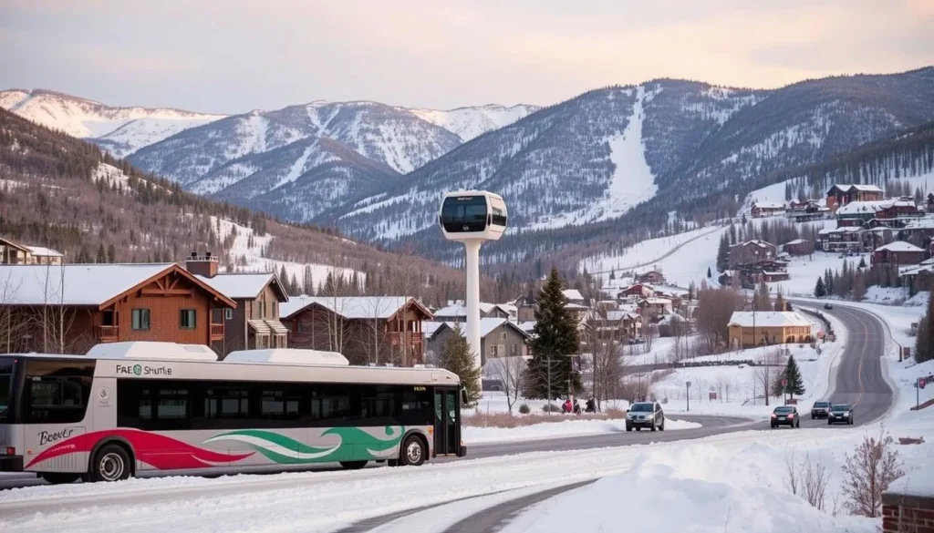 A picturesque mountain town nestled in the Rockies, Beaver Creek showcases its transportation options against a backdrop of majestic peaks. In the foreground, a free shuttle bus ferries visitors effortlessly between ski slopes, lodges, and charming village shops. In the middle ground, a ski gondola glides silently up the mountain, offering panoramic views. In the distance, winding roads lead to the town's entry points, with a few private vehicles navigating the scenic routes. The scene is illuminated by soft, natural lighting that enhances the pristine, alpine ambiance. An inviting, effortless way to explore the winter wonderland of Beaver Creek.