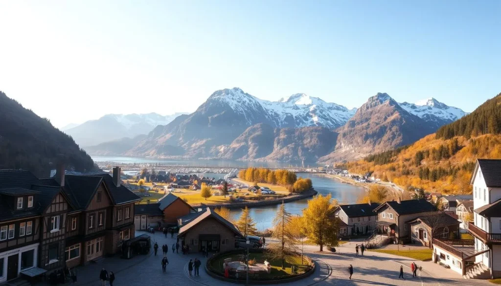 A picturesque mountain town nestled in the heart of Norway's Sunnmøre region, Orsta hidden gems are waiting to be discovered. In the foreground, a charming village square bustles with locals and visitors, its quaint buildings and cobblestone streets bathed in warm, golden sunlight. The middle ground features a winding river, its crystal-clear waters reflecting the towering peaks that rise majestically in the background, capped with pristine snow. Hikers traverse lush, verdant trails, exploring hidden waterfalls and serene, secluded valleys, while kayakers glide effortlessly across the tranquil fjords. The overall atmosphere is one of peaceful tranquility, inviting the viewer to immerse themselves in the natural beauty and outdoor adventures that Orsta has to offer.