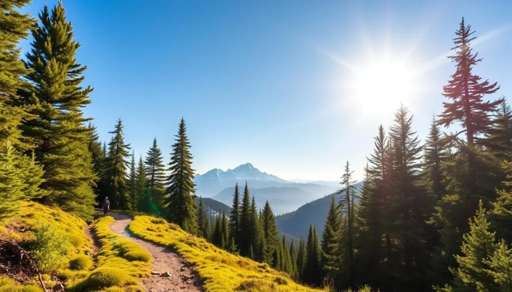 A picturesque mountain trail winds through a lush, verdant landscape. Sunlight filters through the towering pine trees, casting a warm glow on the well-maintained path. In the distance, majestic peaks rise, their snow-capped summits glistening in the clear sky. Hikers traverse the trail, their steps echoing through the serene, tranquil atmosphere. The scene evokes a sense of adventure and appreciation for the great outdoors, inviting the viewer to embark on an immersive exploration of Centennial's extensive trail system.