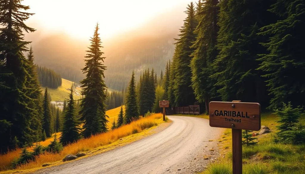A picturesque mountain trailhead nestled in the lush, verdant forests of Garibaldi Provincial Park, British Columbia. A wide, well-maintained path leads into the distance, flanked by towering evergreens and golden meadows. Warm, diffused sunlight filters through the canopy, casting a serene, natural glow. In the foreground, a rustic wooden sign indicates the trail's direction, inviting adventurers to explore the park's breathtaking landscapes. The overall atmosphere conveys a sense of tranquility and the promise of outdoor exploration.
